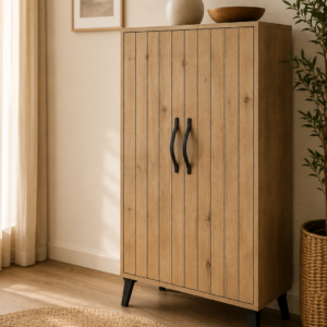 Mueble auxiliar con baldas en acabado Roble Amazonas. Diseño actual, pata alta y fabricación nacional. Medidas 80 x 115 x 33 cm.
