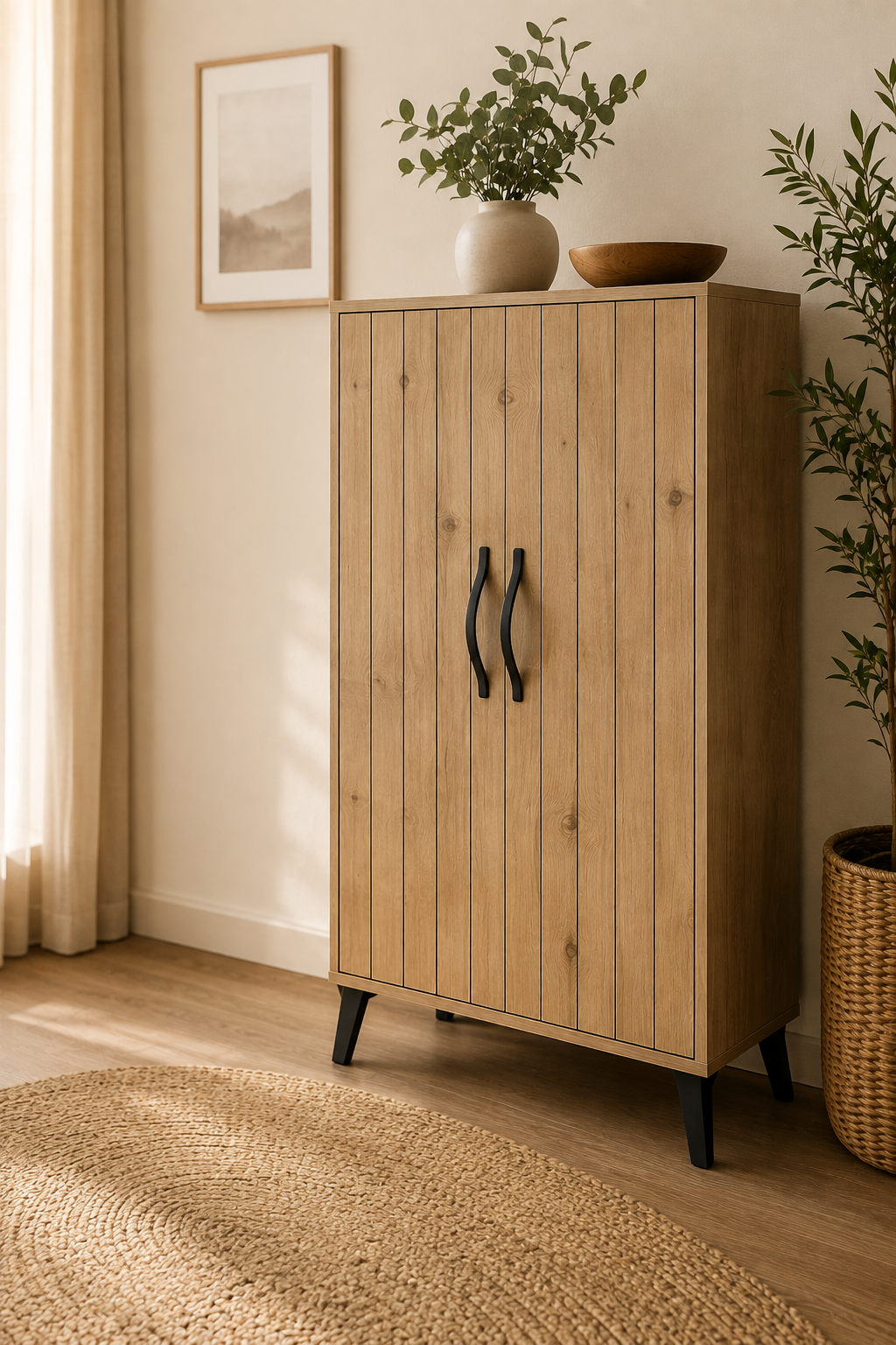 Mueble auxiliar con baldas en acabado Roble Amazonas. Diseño actual, pata alta y fabricación nacional. Medidas 80 x 115 x 33 cm.