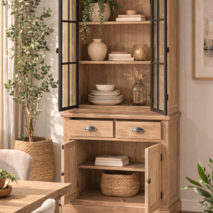 Vitrina de la colección Cottage de Artisa fabricada en madera de pino natural, con puertas de cristal para lucir tu decoración con encanto rústico.