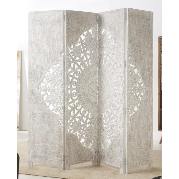 Biombo Blanco tallado con un diseño elegante. Perfecto para crear contrastes y dividir ambientes.