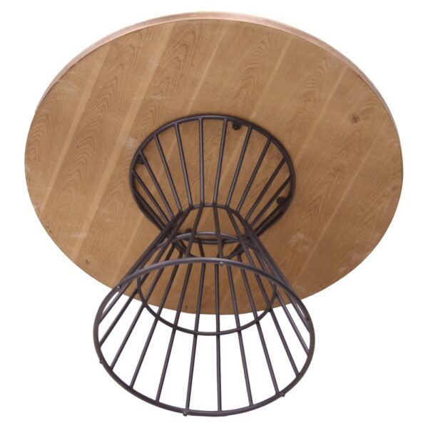 Mesa de comedor redonda de Artisa con base de diseño metálico negro y tapa en madera natural, ideal para crear un ambiente moderno y acogedor en tu hogar
