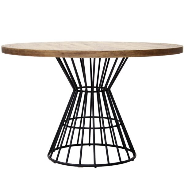 Mesa de comedor redonda de Artisa con base de diseño metálico negro y tapa en madera natural, ideal para crear un ambiente moderno y acogedor en tu hogar