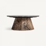 Mesa de centro Walding con base de madera y superficie de mármol marrón.