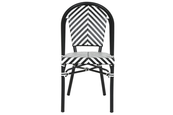Silla de aluminio con ratán sintético en negro y blanco, vista frontal.