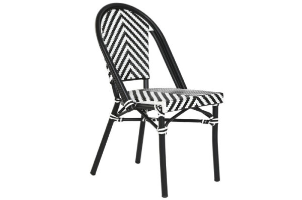 Silla de aluminio con asiento y respaldo de ratán sintético en negro y blanco, vista lateral.