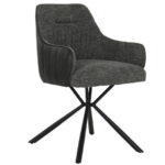 Silla con asiento de poliéster PU en gris y base metálica negra, vista lateral.