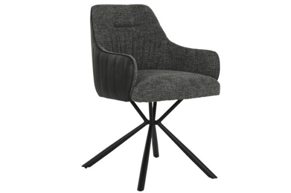 Silla con asiento de poliéster PU en gris y base metálica negra, vista lateral.