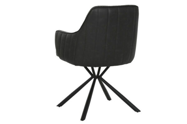 Parte trasera de la silla con respaldo de poliéster PU en gris y base metálica negra.
