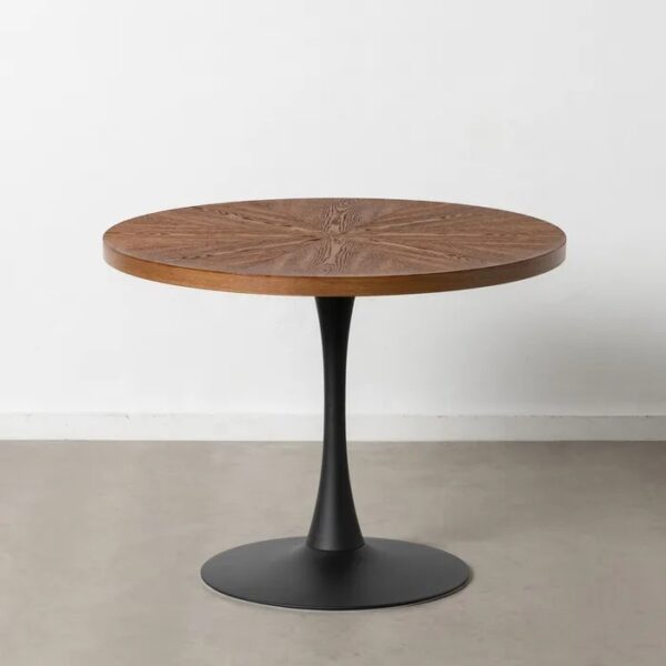 Mesa redonda en madera con base negra, vista en ángulo