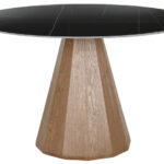 Mesa redonda con tablero cerámico negro y base de MDF en acabado madera