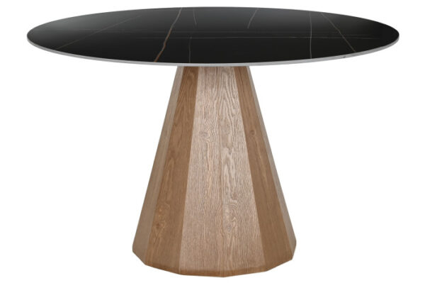 Mesa redonda con tablero cerámico negro y base de MDF en acabado madera