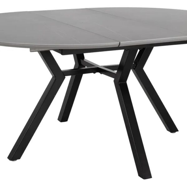 Mesa extensible gris-negro vista desde un ángulo lateral.
