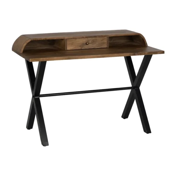 Mesa de escritorio de madera natural con patas metálicas negras, estilo industrial moderno, disponible en Artisa.