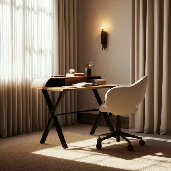 Mesa de escritorio de madera natural con patas metálicas negras, estilo industrial moderno, disponible en Artisa.