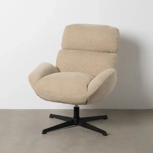 Sillón giratorio tapizado en beige con base metálica cónica, estilo contemporáneo y cómodo, disponible en Artisa.