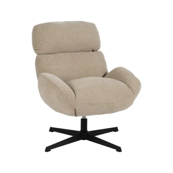 Sillón giratorio tapizado en beige con base metálica cónica, estilo contemporáneo y cómodo, disponible en Artisa.