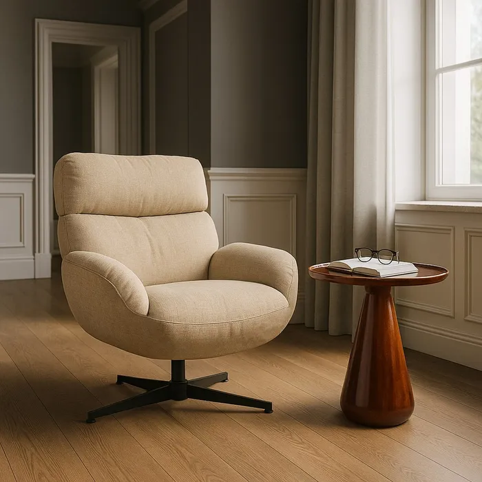 Sillón giratorio tapizado en beige con base metálica cónica, estilo contemporáneo y cómodo, disponible en Artisa.