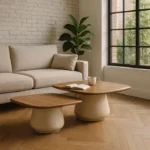 Set de mesa de centro de Artisa con diseño elegante, estructura de metal y acabado en piedra natural.