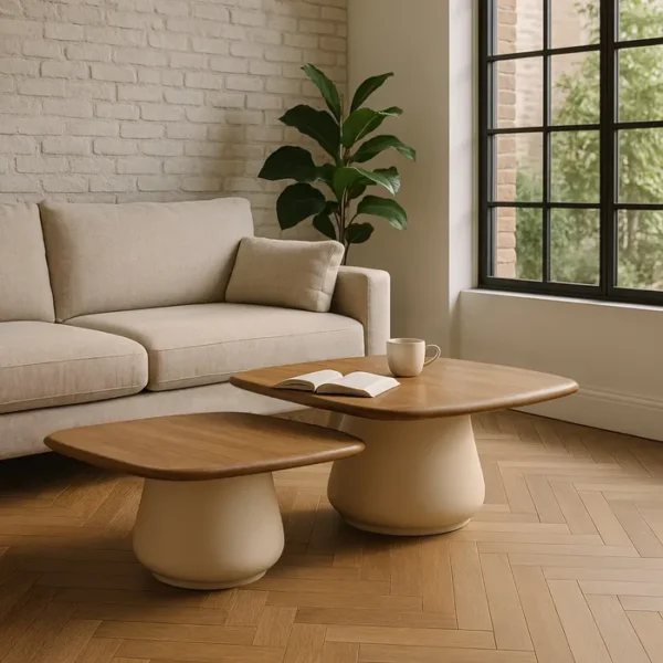 Set de mesa de centro de Artisa con diseño elegante, estructura de metal y acabado en piedra natural.