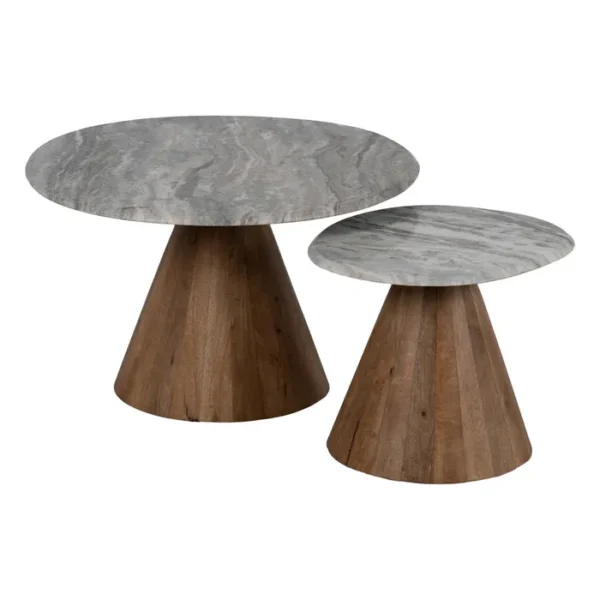 Set de mesa de centro de Artisa con diseño elegante, estructura de metal y acabado en piedra natural.