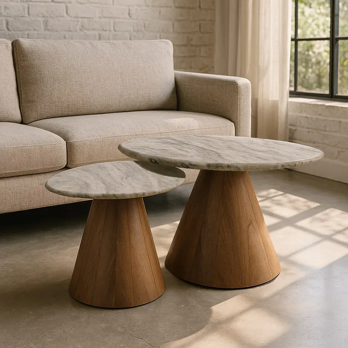 Set de mesa de centro de Artisa con diseño elegante, estructura de metal y acabado en piedra natural.