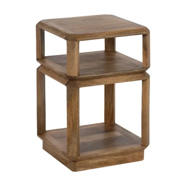 Mesa auxiliar de madera natural con diseño geométrico y acabado artesanal, disponible en Artisa