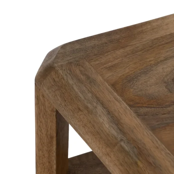 Mesa auxiliar de madera natural con diseño geométrico y acabado artesanal, disponible en Artisa