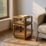 Mesa auxiliar de madera natural con diseño geométrico y acabado artesanal, disponible en Artisa