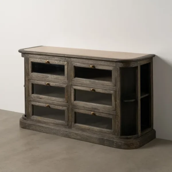 Aparador rústico de madera oscura con cajones de cristal y estantes laterales, estilo artesanal disponible en Artisa.