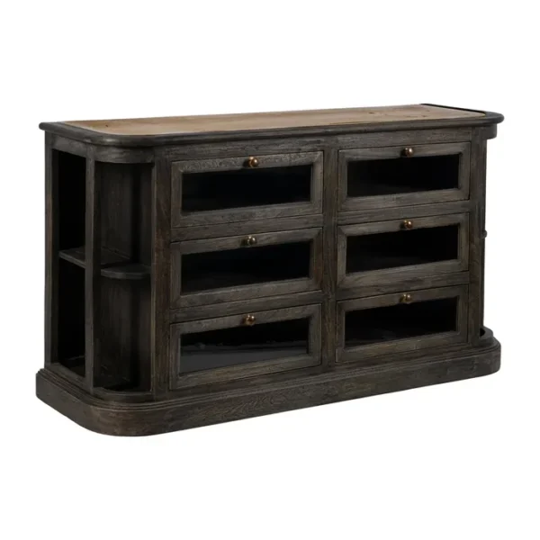 Aparador rústico de madera oscura con cajones de cristal y estantes laterales, estilo artesanal disponible en Artisa.