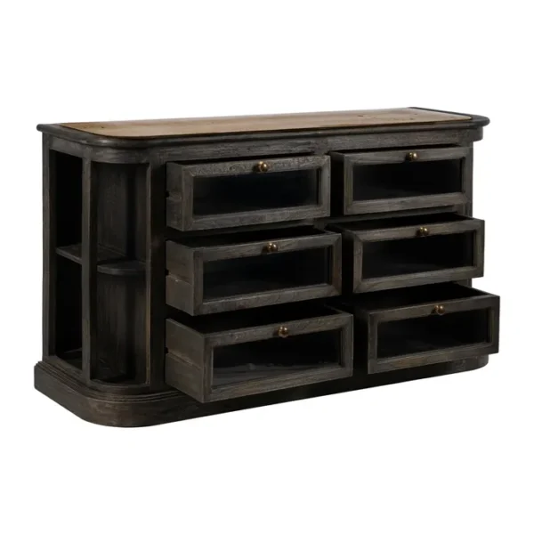 Aparador rústico de madera oscura con cajones de cristal y estantes laterales, estilo artesanal disponible en Artisa.