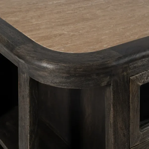 Aparador rústico de madera oscura con cajones de cristal y estantes laterales, estilo artesanal disponible en Artisa.