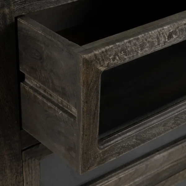 Aparador rústico de madera oscura con cajones de cristal y estantes laterales, estilo artesanal disponible en Artisa.
