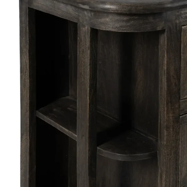Aparador rústico de madera oscura con cajones de cristal y estantes laterales, estilo artesanal disponible en Artisa.