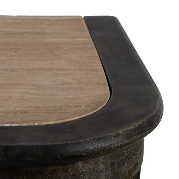 Aparador rústico de madera oscura con cajones de cristal y estantes laterales, estilo artesanal disponible en Artisa.