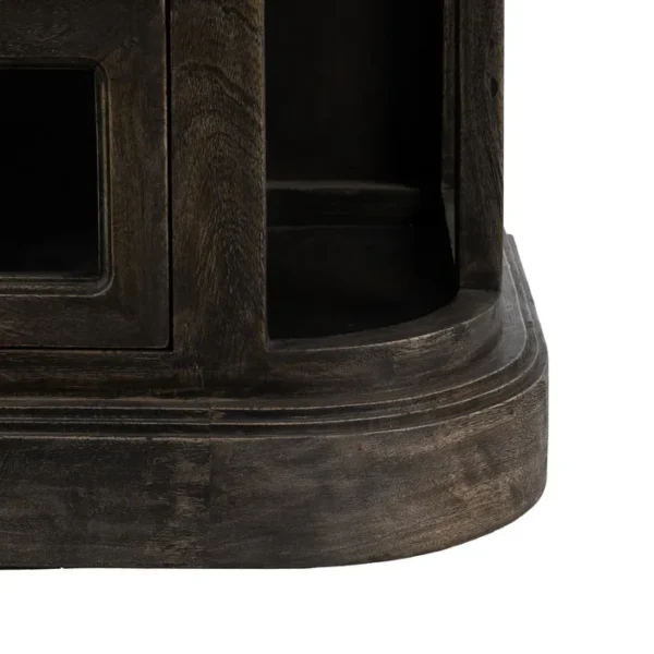 Aparador rústico de madera oscura con cajones de cristal y estantes laterales, estilo artesanal disponible en Artisa.