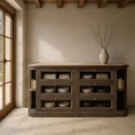 Aparador rústico de madera oscura con cajones de cristal y estantes laterales, estilo artesanal disponible en Artisa.