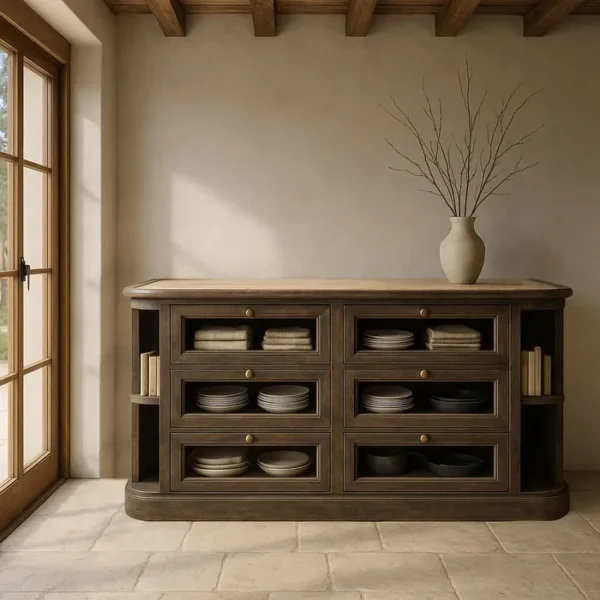 Aparador rústico de madera oscura con cajones de cristal y estantes laterales, estilo artesanal disponible en Artisa.