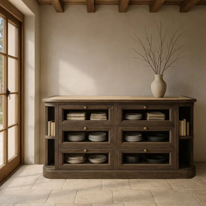 Aparador rústico de madera oscura con cajones de cristal y estantes laterales, estilo artesanal disponible en Artisa.