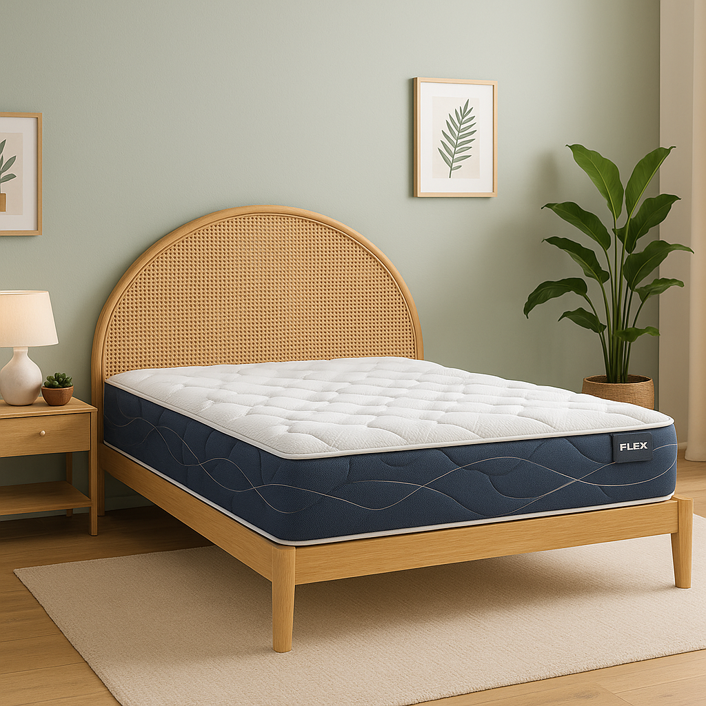 Colchón Flex Palani sobre cama de madera con cabecero de ratán en habitación con pared verde y plantas.