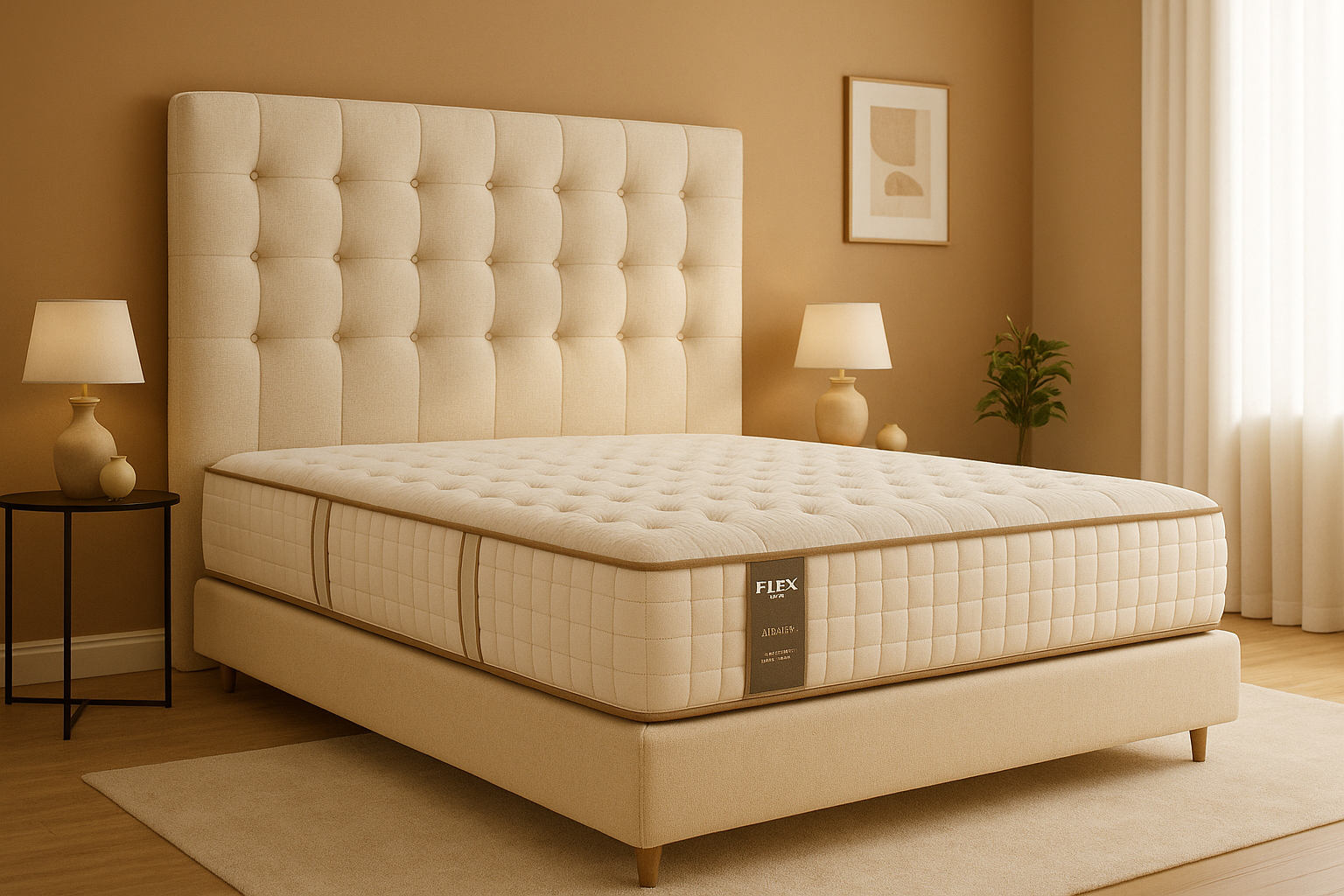 Colchón Flex Alhambra sobre cama tapizada beige con cabecero capitoné y pared ocre