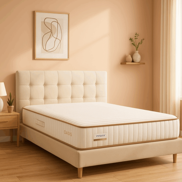 Colchón Flex Oasis de látex sobre cama beige con cabecero capitoné en habitación minimalista.