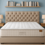 Colchón Flex Infinity Pocket FM sobre cama beige, cabecero capitoné y pared celeste