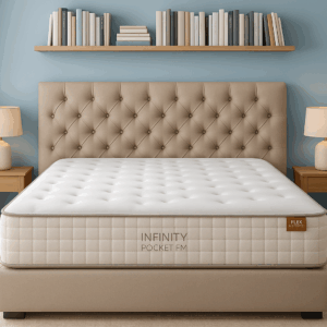 Colchón Flex Infinity Pocket FM sobre cama beige, cabecero capitoné y pared celeste