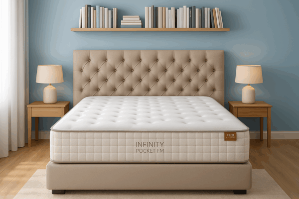 Colchón Flex Infinity Pocket FM sobre cama beige, cabecero capitoné y pared celeste