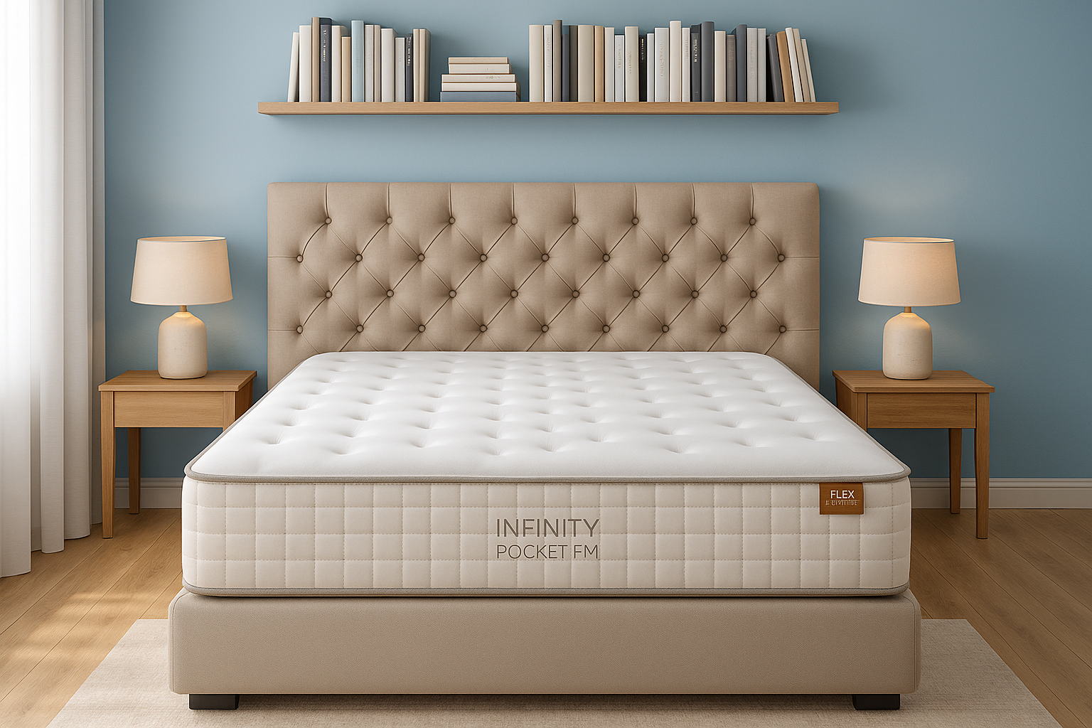 Colchón Flex Infinity Pocket FM sobre cama beige, cabecero capitoné y pared celeste