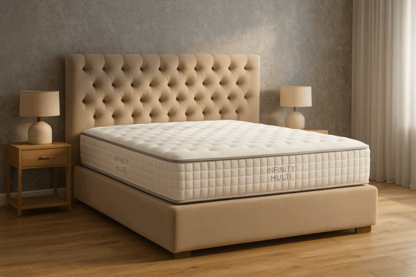 Colchón Flex Infinity Multi sobre cama beige, cabecero capitoné y pared efecto granito