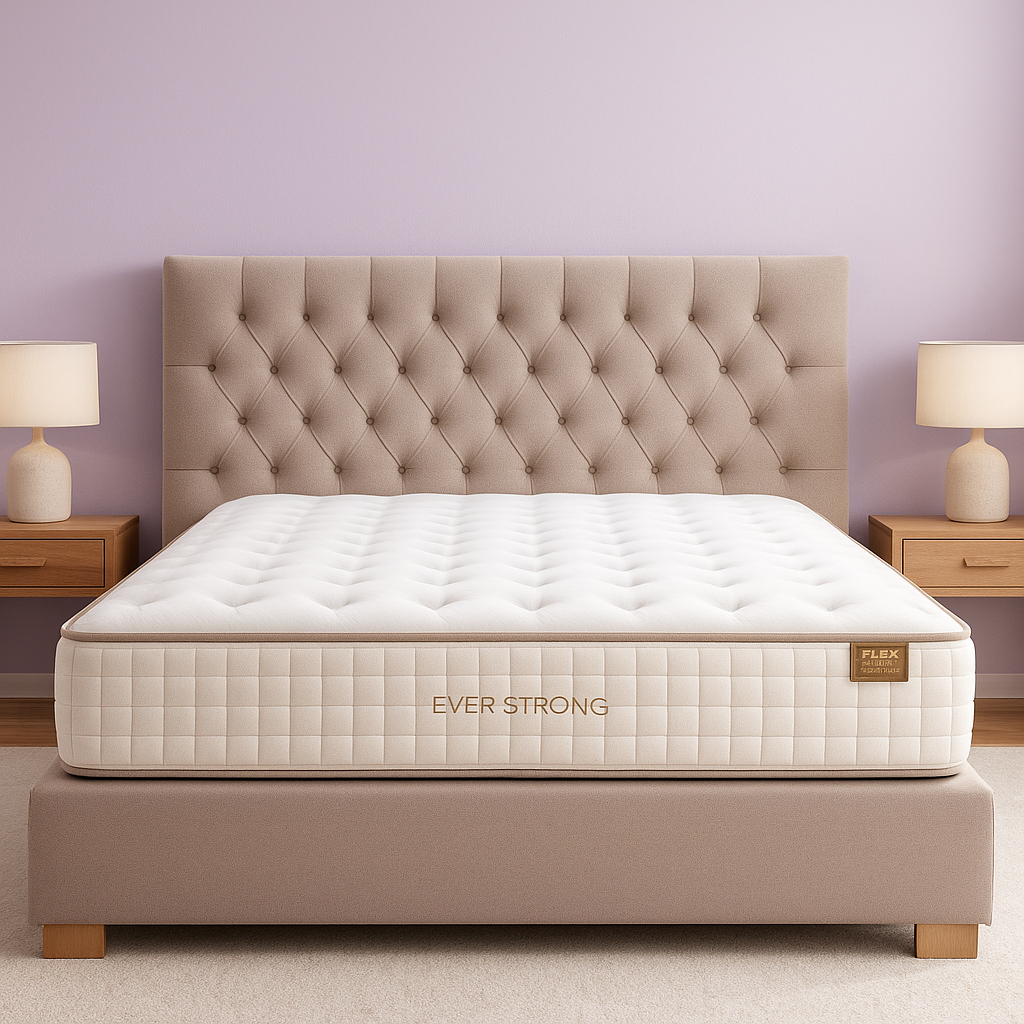 Colchón Flex Ever Strong sobre cama beige con cabecero capitoné y pared lila bebé