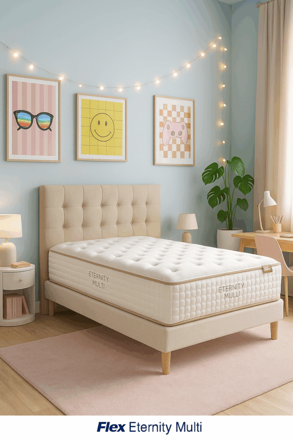 Colchón Flex Infinity Multi sobre cama beige en habitación juvenil con pared celeste y repisa de libros