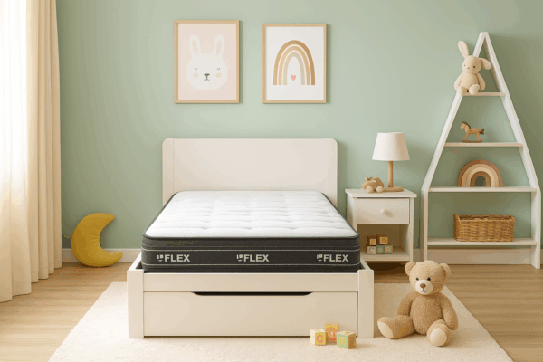 Colchón Flex Nube Visco Junior A sobre cama blanca en habitación infantil con pared verde menta y repisa triangular